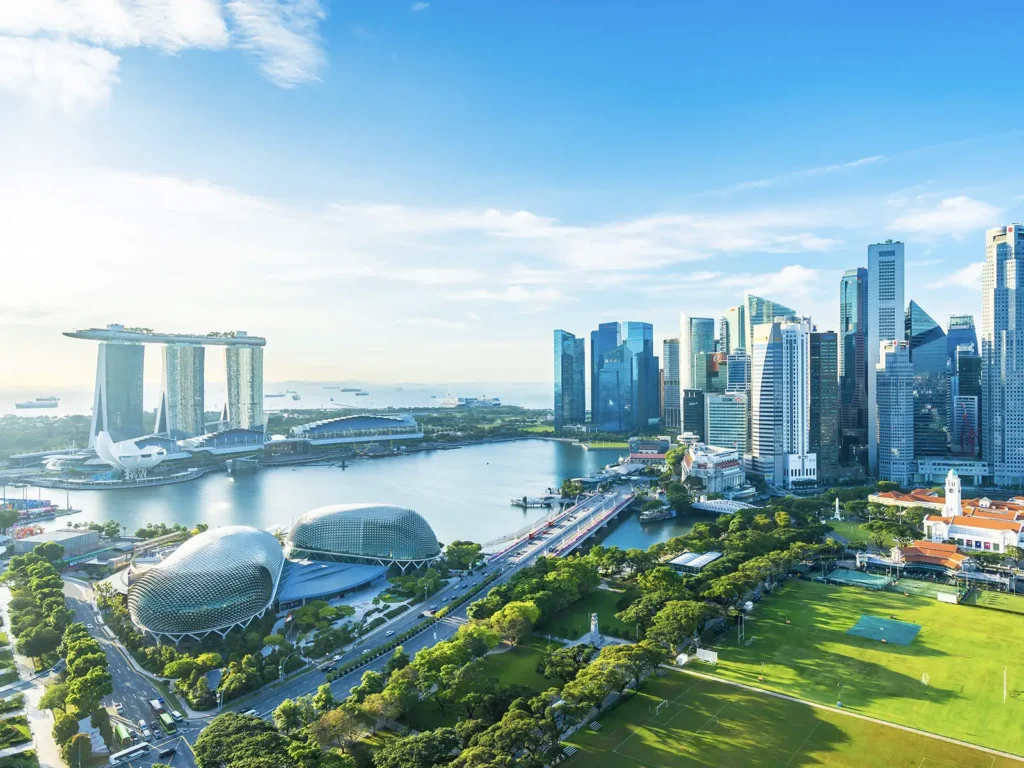 The Singapore skyline with the Esplanade and Marina Bay